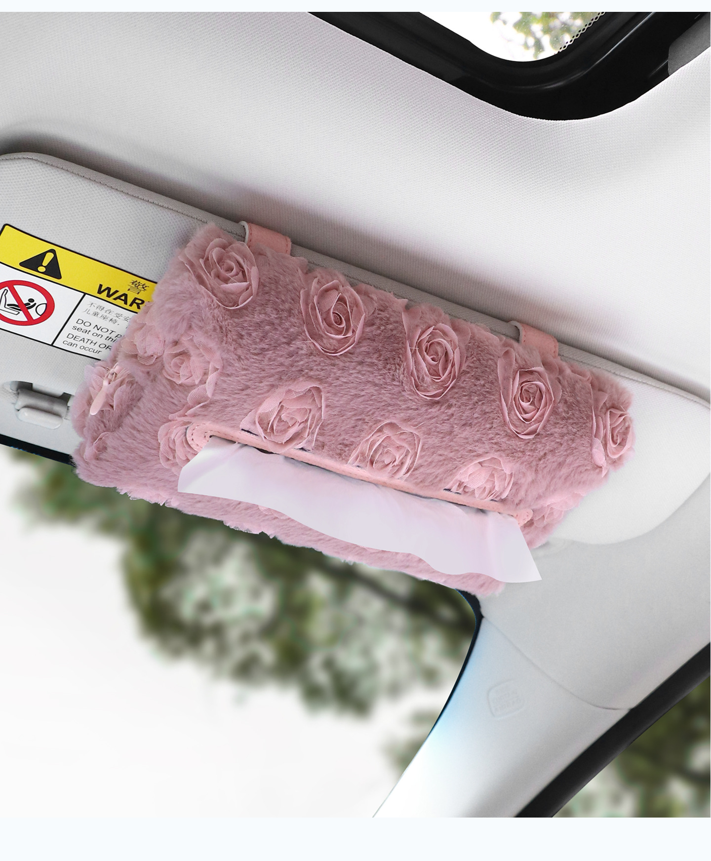 Car Sun Visor Tissue Box, Plush Rose Tissue Box for Car, Light Luxury High-Quality Texture Car Interior Storage Tissue Box