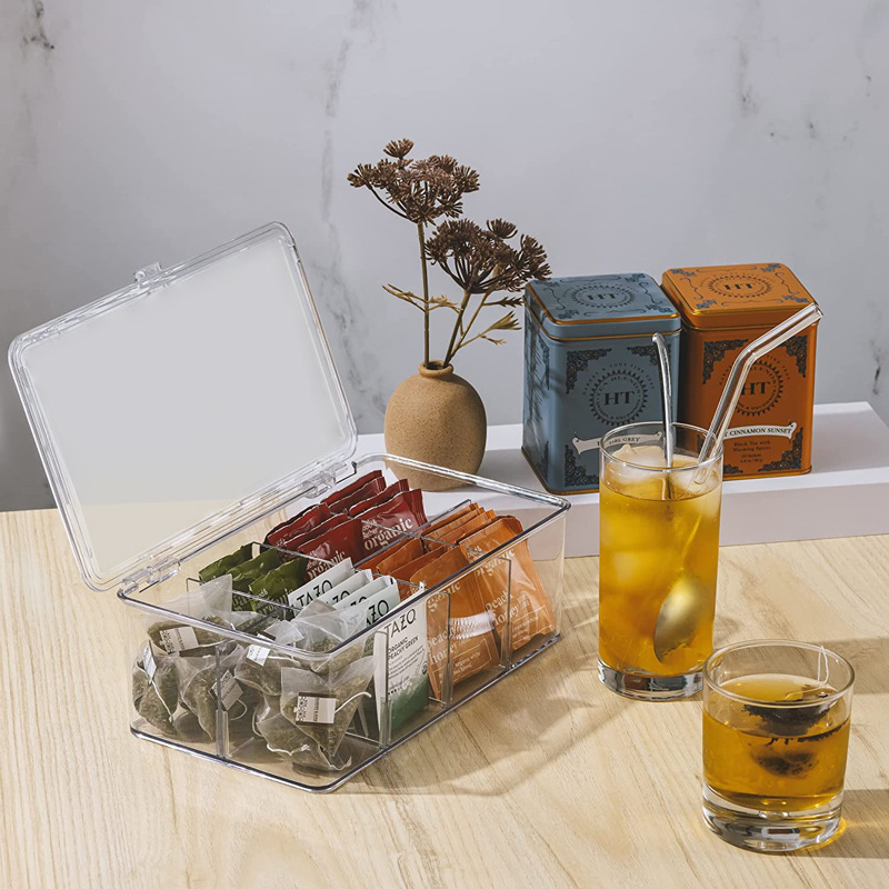 Hogar bolsa de té caja de almacenamiento Oficina leche té compartimiento apilable acrílico multifuncional caja de almacenamiento