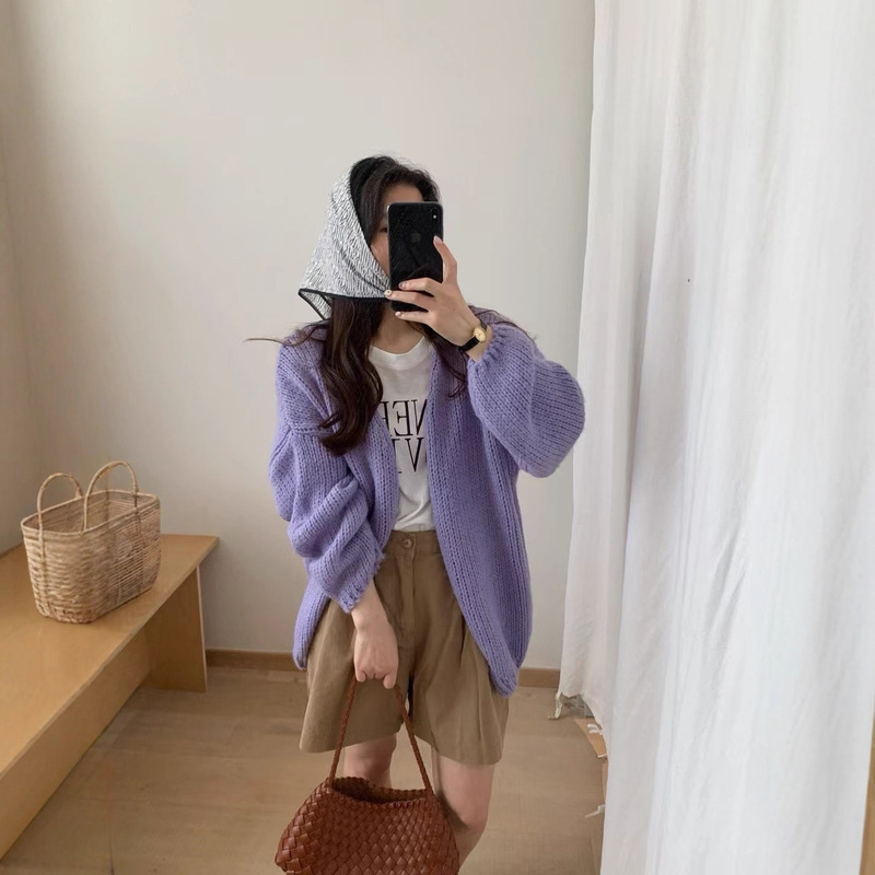2025 New Autumn and Winter Lazy Style Pure Color Knitted Cardigan Knitwear for Women Korean Style Simple Long-Sleeved Knitted Knitwear for Women