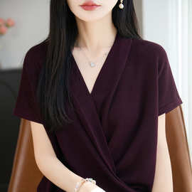 2026年春夏新款天丝莱赛尔V领针织衫短袖女交叉纯色套头打底衫T恤