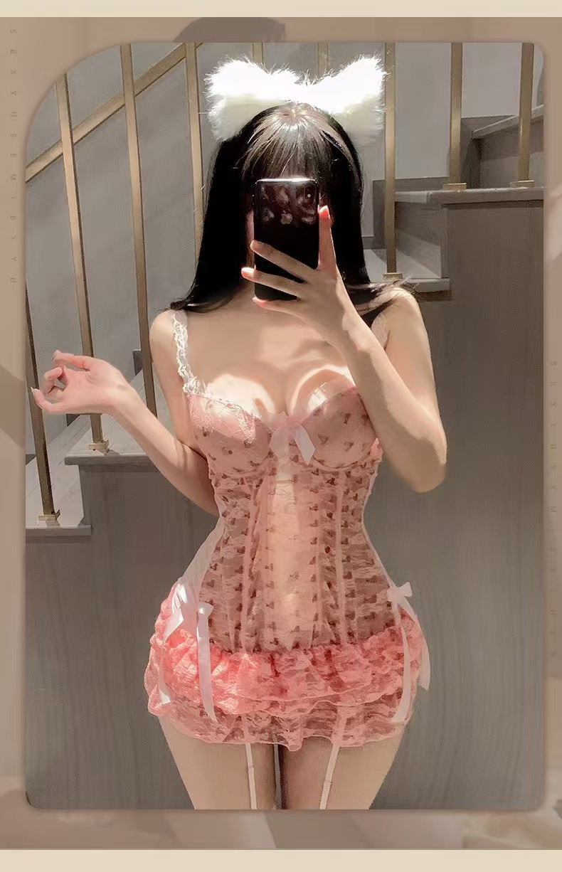 French-Style Lace Push-up Vest Lingerie Set with Chest Pads and White Stockings — detail image 13