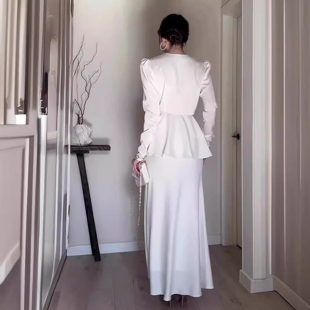 Vêtements pour femmes haut de gamme tempérament soyeux col en V taille haut robe jupe costume deux pièces_voghion.com