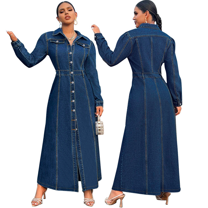 708g Weight Maxi Long Dress Dress Length Type Long Sleeve Sleeve Length Denim Dress Dresses Type Cotton (more than 30%), Denim Fabric Type High Waist Waist Line Holiday, Street Occasion Turndown Neckline Slim Fit Type Solid Color Pattern Spring, Autumn Season Women's Gender Streetwear Style Wholesale Women's Streetwear Solid Color Holiday Street Turndown Long Sleeve Denim Dress 11