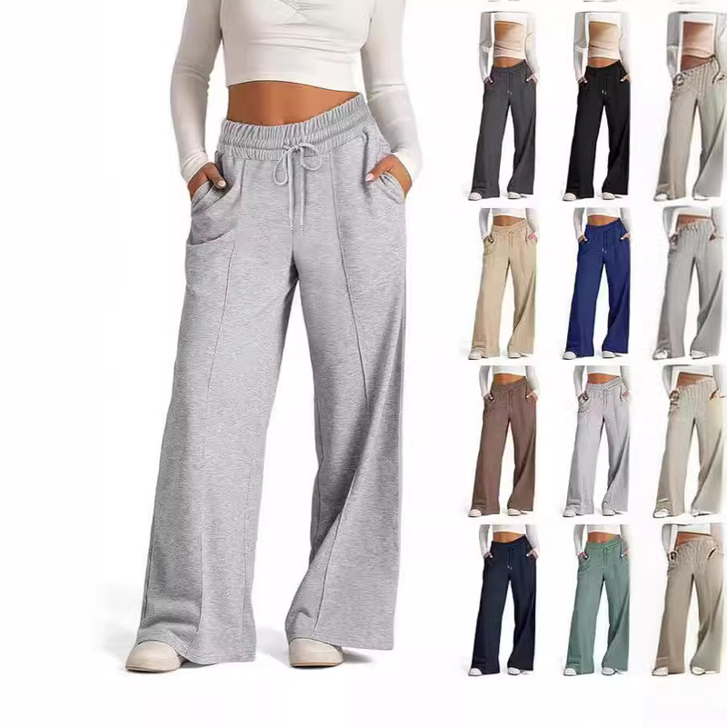 Cross-Border Export Amazon Temu2024 Spring and Summer European and American Style Pure Color Casual Wide-Leg Drawstring Elastic Waist Sweatpants