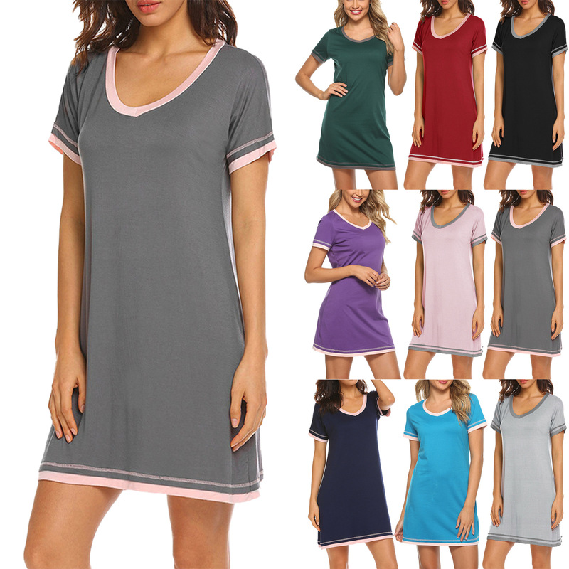 European and American cross-border foreign trade women's clothing 2022 Amazon spring and summer round neck contrast color stitching loose short sleeve mid-length dress