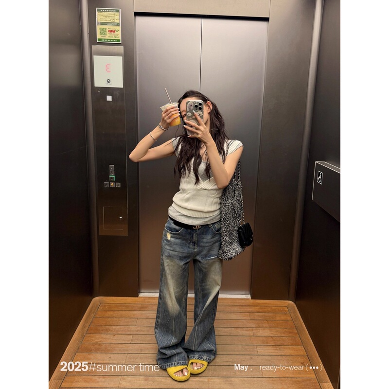 Sunoneone Loose Ripped Wide-Leg Jeans for Women, Summer 2025 New American Retro Straight Casual Pants for Men