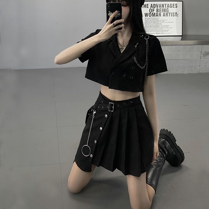 套装女新款jk制服ins暗黑炸街工装短小西装上衣外套+百褶裙两件套|undefined