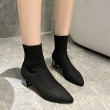 針織高跟短靴女2022年秋冬新款韓版瘦瘦網紅尖頭粗跟中筒襪靴子