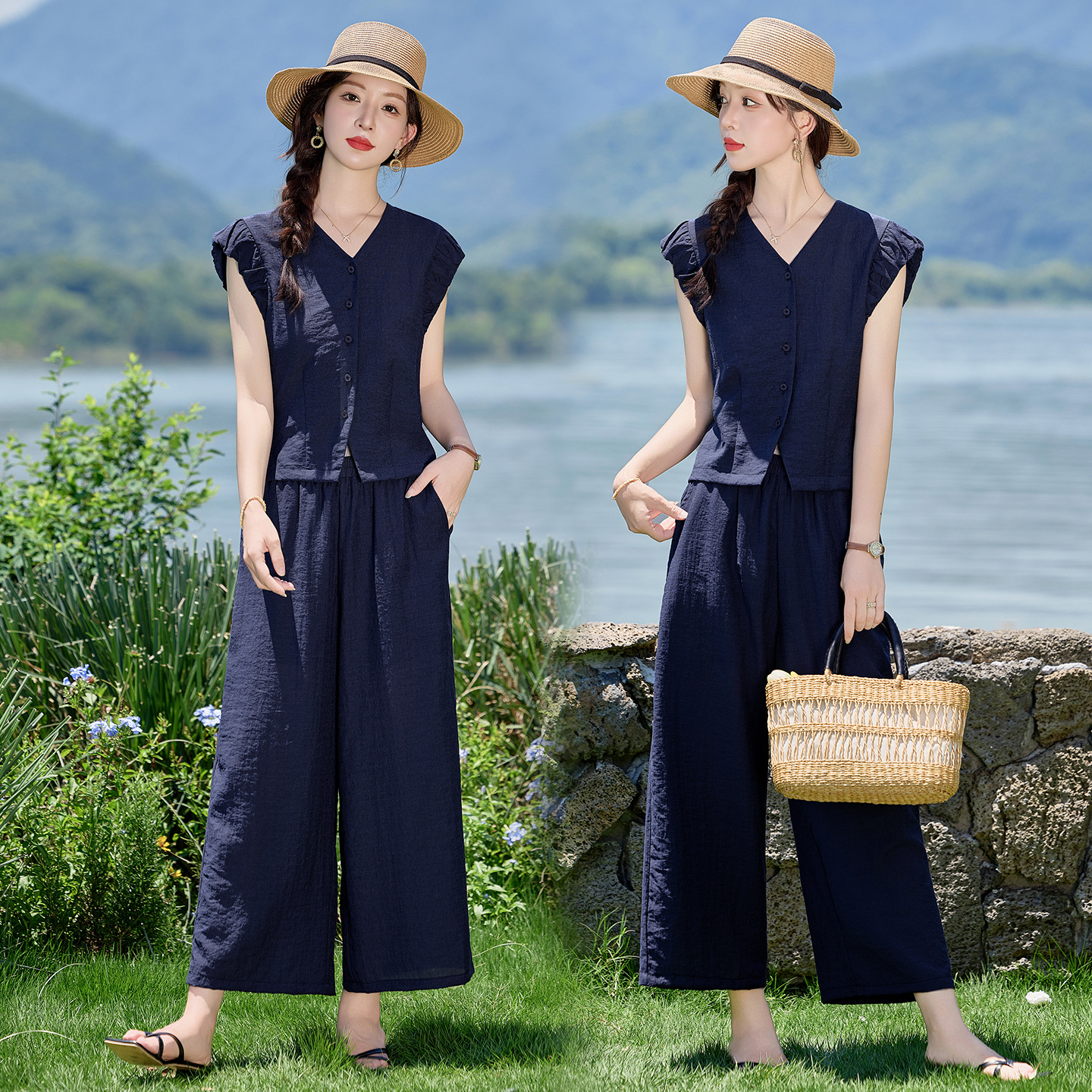 Bộ vest nữ hè 2025 áo sơ mi cổ V ôm quần ống thẳng hai mảnh LB2869 — màu xanh hải quân, Màu trắng nhạt