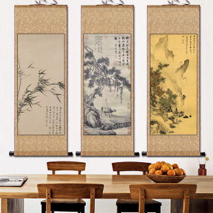 ღ唐寅山水字画仿古名家字画酒店装饰挂画丝绸礼品卷轴画花鸟字画
