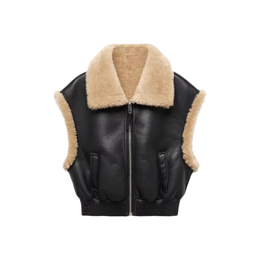 Women's Clothing autumn and winter new retro lapel fur integrated stitching pilot jacket vest_voghion.com