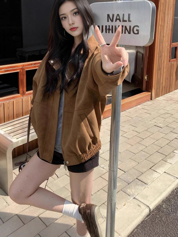 美拉德复古宽松翻领休闲百搭显瘦皮绒夹克女秋季休闲机车外套上衣|undefined