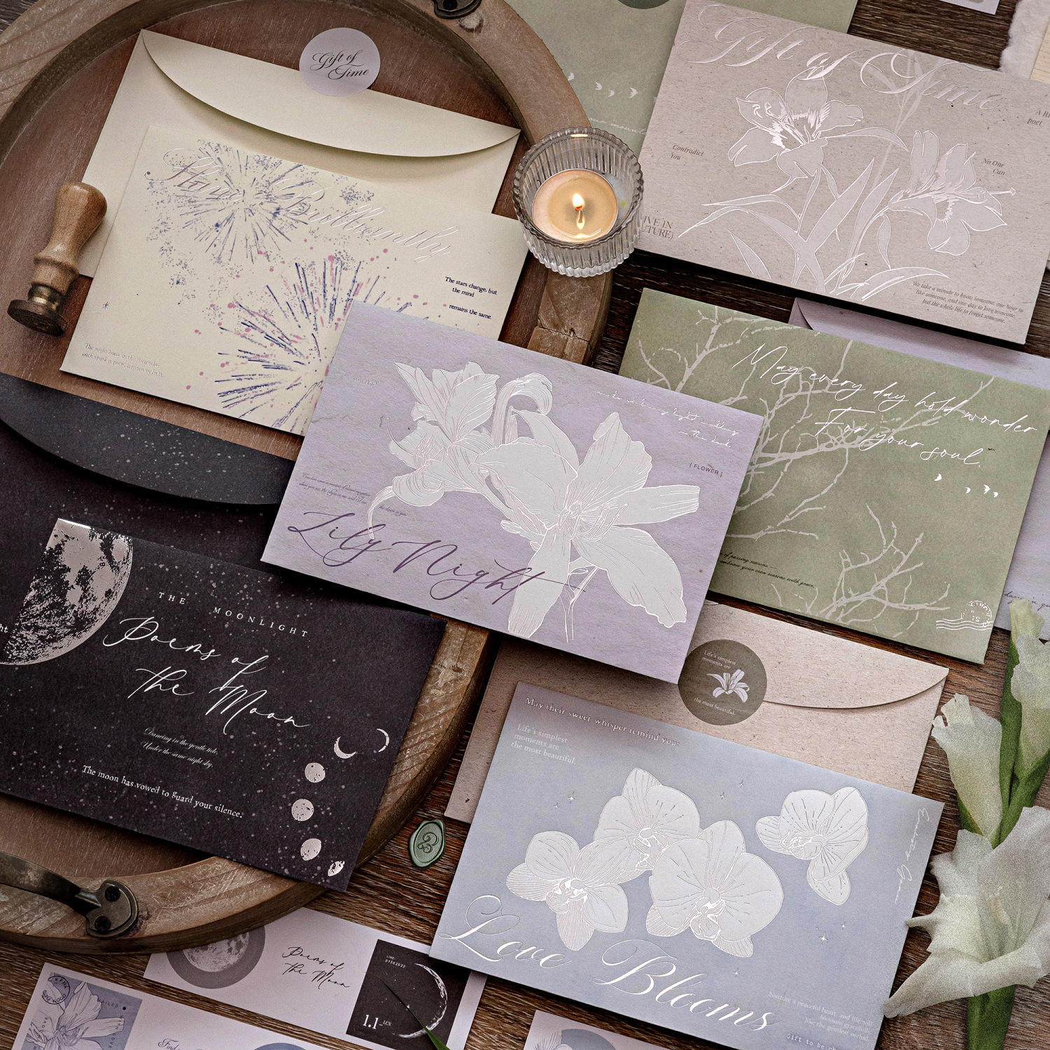 Momo Silver-Stamped Envelopes - Serenity of All Things Like a Mystery Series - Artistic Illustration Decorative Letterhead for Letters, Gifts, and Messages