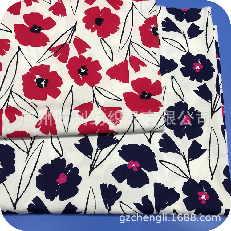 缎纹活性印花 植物印花布 欧美连衣裙 旗袍印花面料 梭支棉布现货