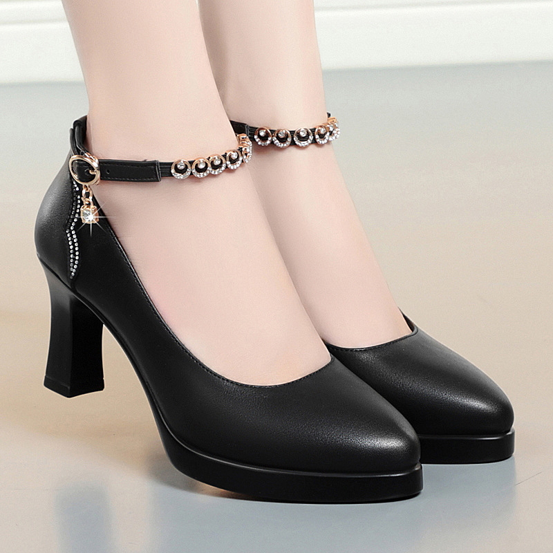 Thick Heel Platform High Heels Not Tired Feet Model Show Leather Shoes Work Shoes Black Soft Sole Comfortable Shoes