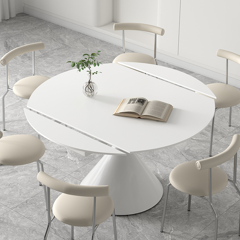 Cream Style Pure White Matte Rock Plate Dining Table Rotating Telescopic Folding Waltz Dining Table Square Rounding Dual-Use Table