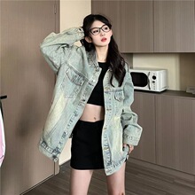 EZEK美式复古街头潮牌做旧洗水牛仔外套女中长款宽松牛仔衣夹克