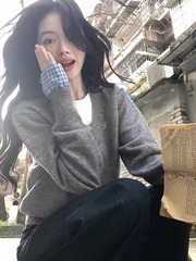 假两件慵懒风毛衣女秋穿搭内搭打底长袖上衣宽松外套灰色针织衫