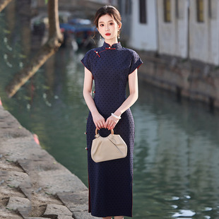 Long Chinese Style Cheongsam with Shoulder Sleeve Xizang Blue Polka Dot National Style Improved Young 2025 New Style Women's Summer Republic of China
