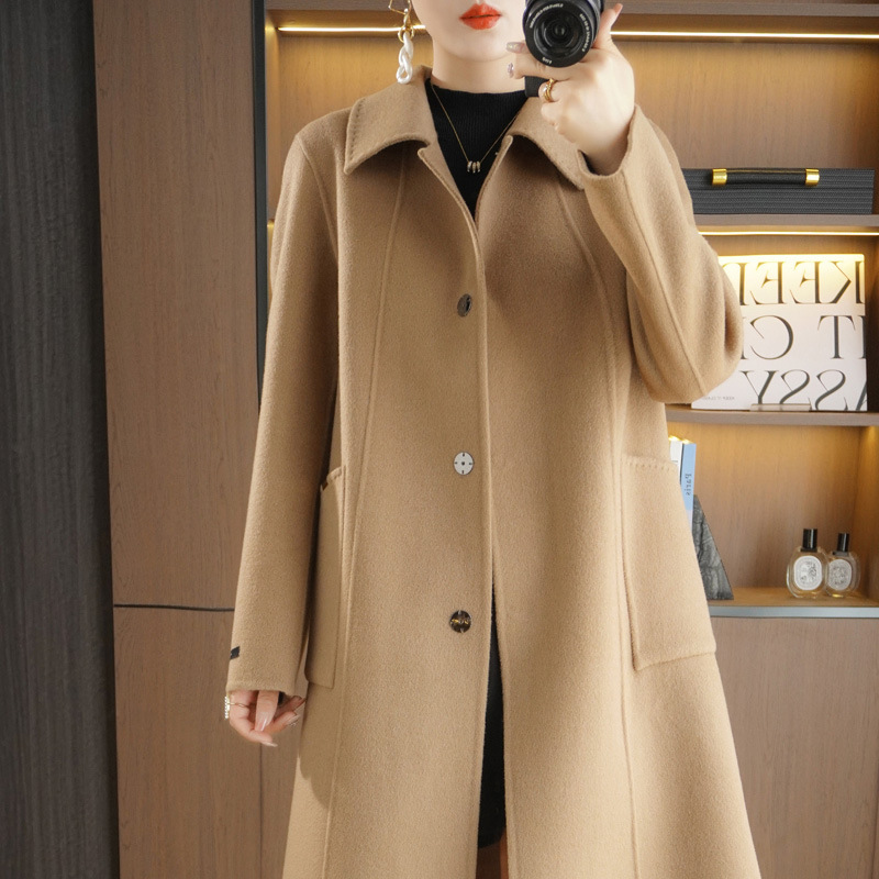 Double-sided woolen long elegant demi-season woolen coat