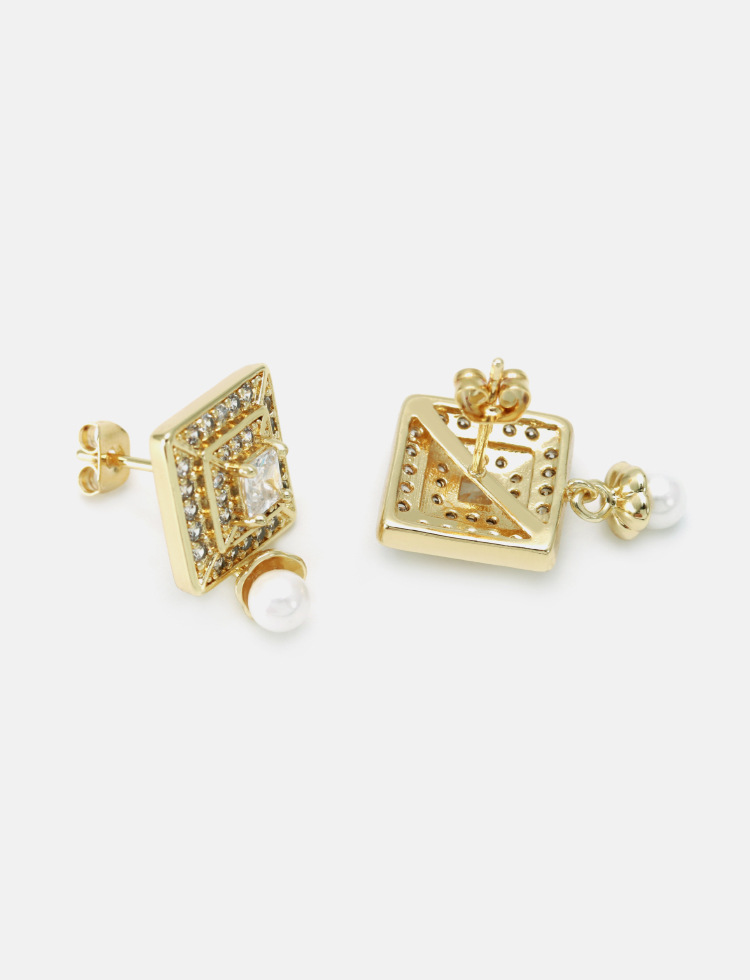 Fashion Style Wholesale Fashion Gold-plated Square Zircon Pearl Earrings