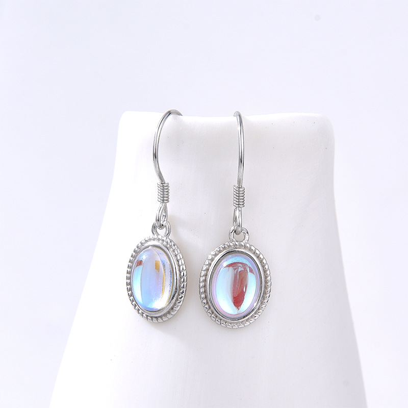 Transfronterizo Amazon nuevos pendientes de piedra lunar ovalados de plata de ley 925 pendientes de diseño de nicho femenino pendientes simples