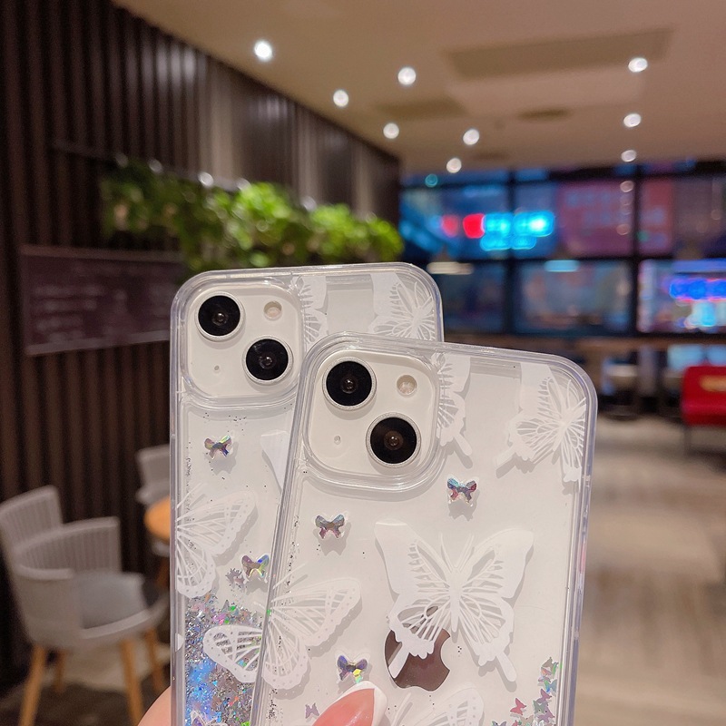 Convient pour iPhone 15 ProMax téléphone Apple 14 papillon paillettes rose patch diamant sables mouvants, étui de protection 12/13_voghion.com