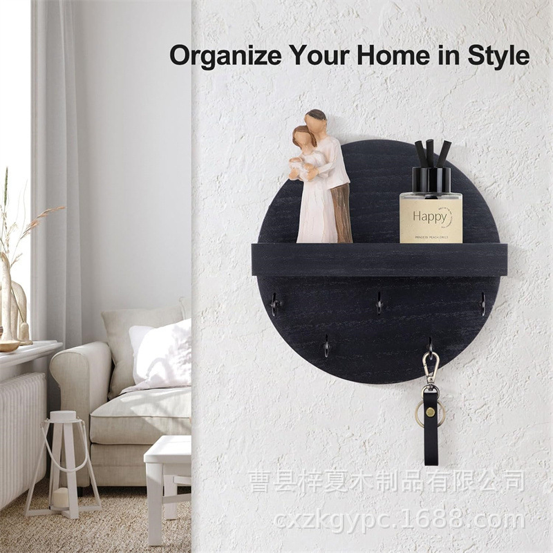 Wooden Key Rack Wall-mounted Decorative Rack Round with Shelf Entrance Key Hook Solid Wood Storage Rack