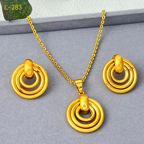 Dubai 24K Gold Pendant Necklace and Earring Three-Piece Set—Cross-Border Nigerian Bridal Fashion Jewelry Wholesale