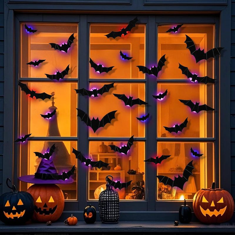 新しいハロウィン夜光コウモリ3D立体黒コウモリウォールステッカー、ハロウィンパーティーの雰囲気作りに光るコウモリ|undefined