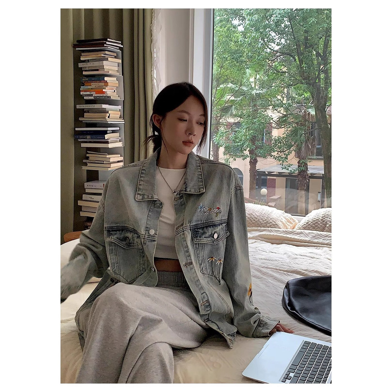 秋季新品花卉刺绣翻领牛仔服女夹克高街痞帅小众日系复古宽松外套|undefined