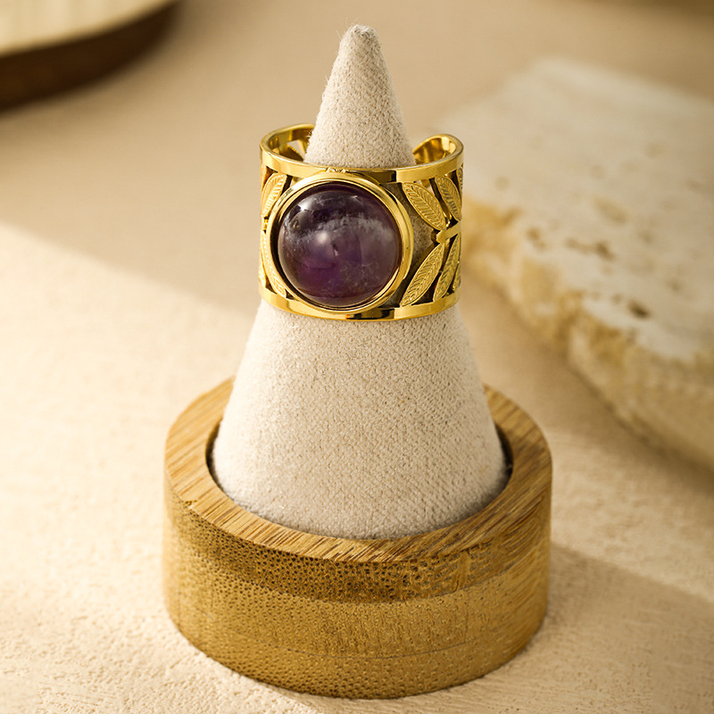 INS nuevo anillo de acero inoxidable de oro 18 quilates hueco hoja de piedra natural elíptica personalidad simple anillo en stock