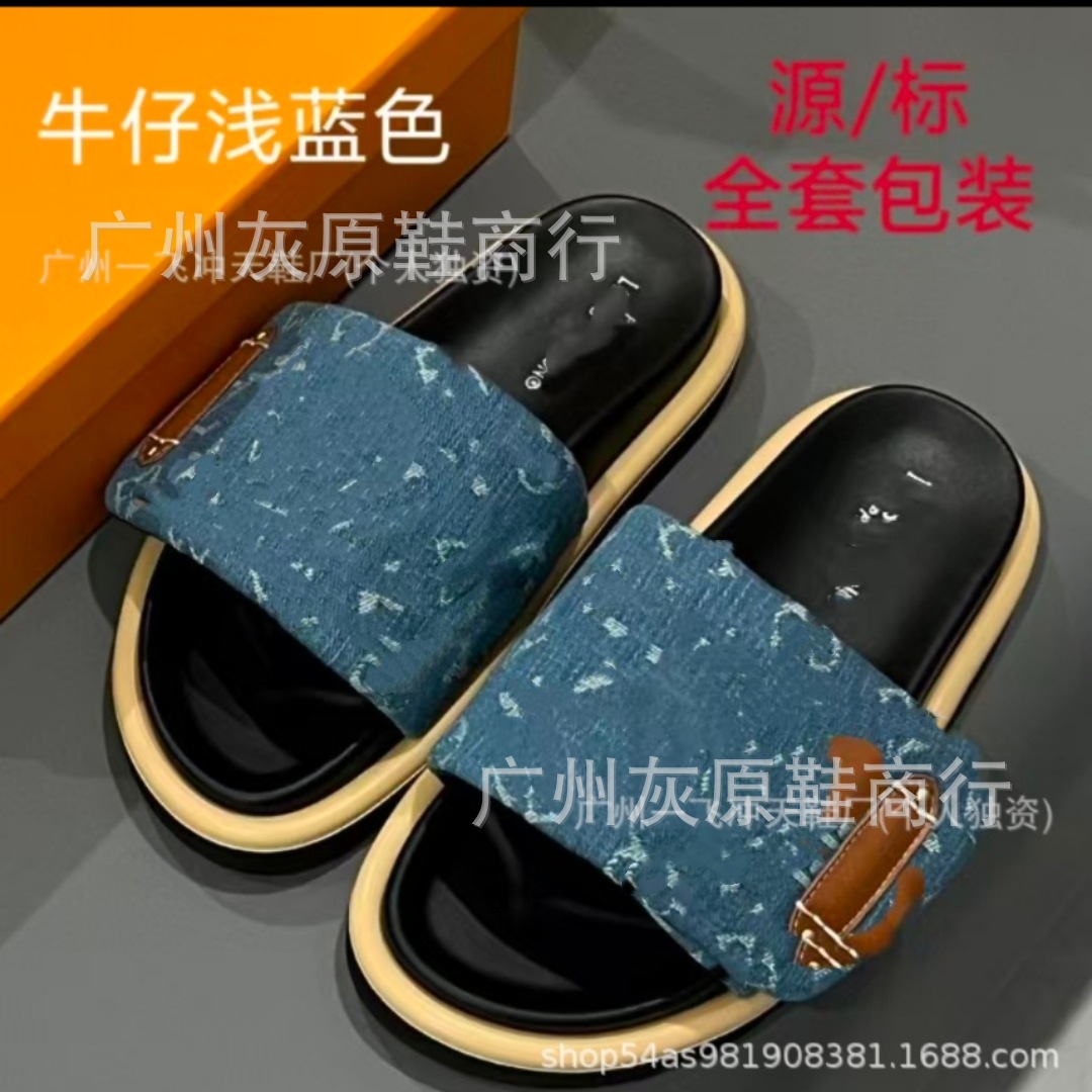 Burro casa zapatillas de velcro de suela gruesa mujer 2024 nuevo estilo exterior moda antideslizante mezclilla letras chanclas comercio exterior