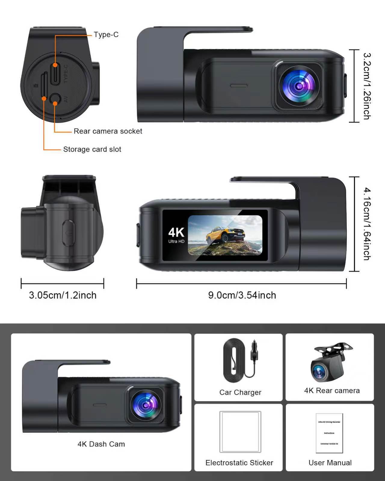 New cross-border dual 4K lens dashcam with Wifi connectivity, ultra-high-definition front and rear dual recording, GPS parking monitoring
