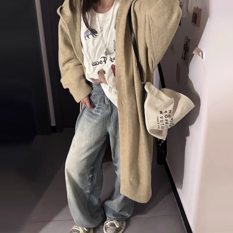 大码美拉德穿搭中长款毛衣开衫外套秋冬慵懒风连帽针织衫上衣|undefined