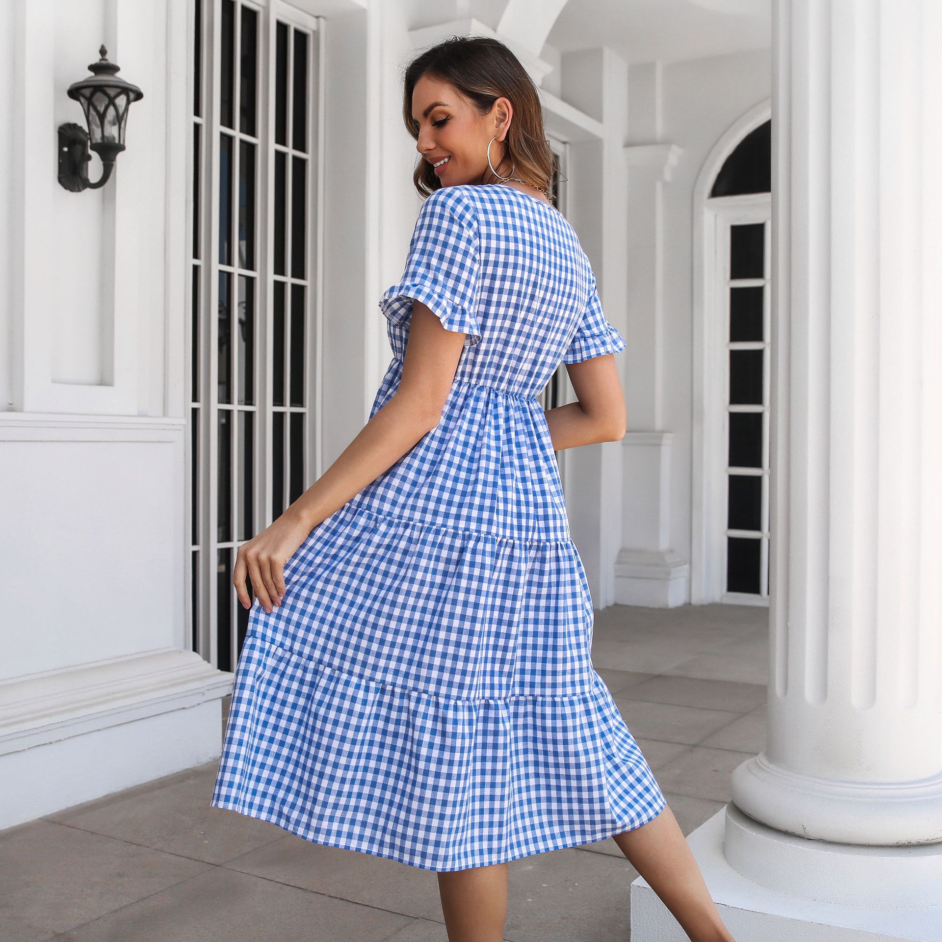 Women'S Gender Casual Style Wholesale Women'S Casual Plaid Daily V Neck Short Sleeve Swing Dress