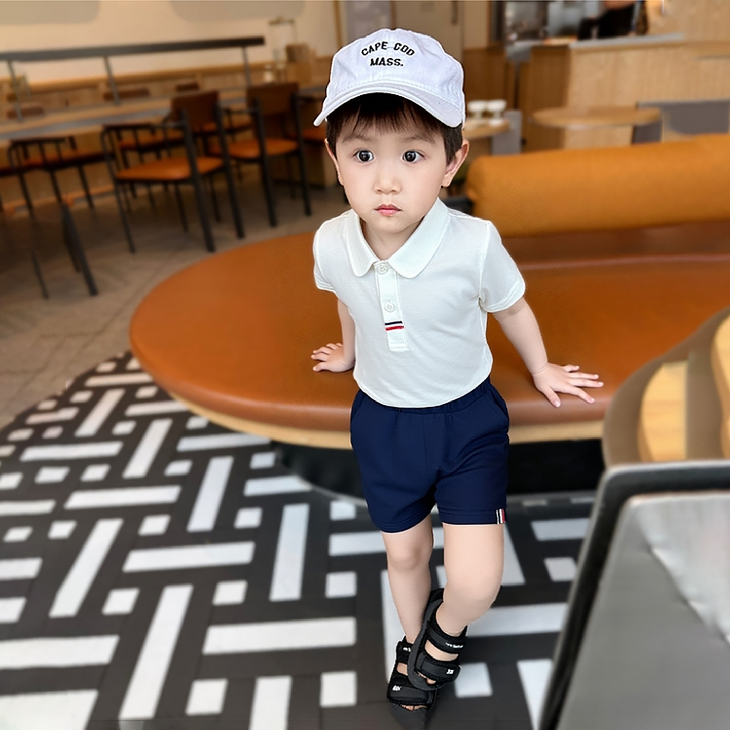 Children's Foreign Style Fried Street suit England Tricolor Carrying Children's Lel POLO Short-sleeved T-shirt 2-piece Set Boys' College Style