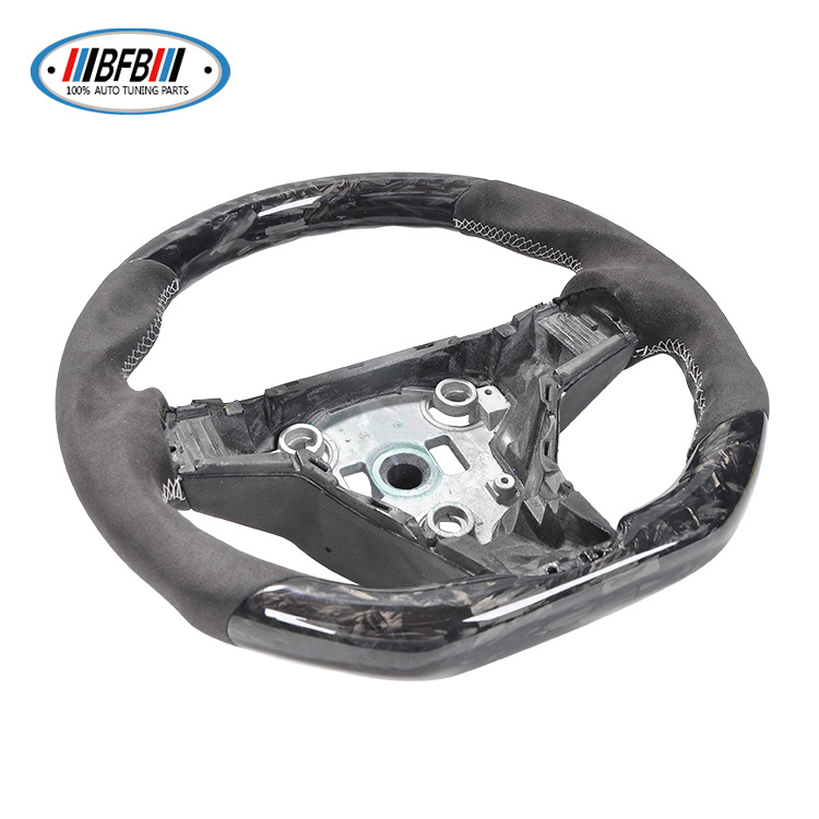 100% Real Carbon Fiber Forged Suede Steering Wheel with White Stitching - For Tesla Model Y