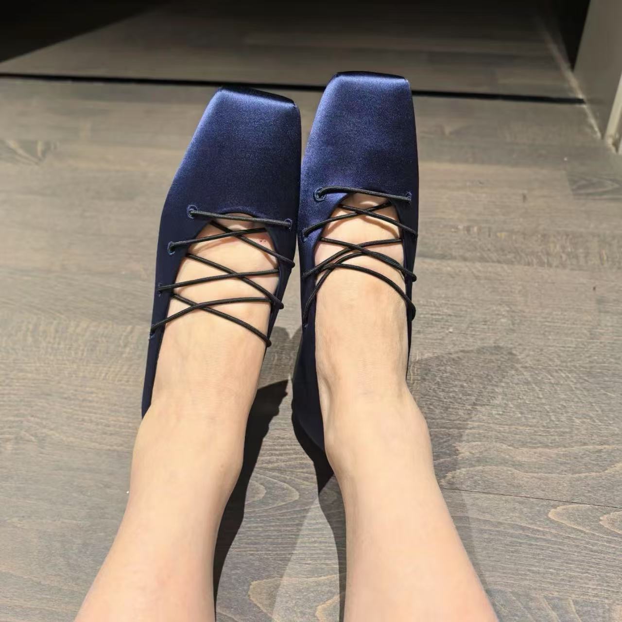 2025 Spring/Summer New Round-Toe Lace-Up Ballet Flats for Women, Satin Mary Jane Shoes, Versatile Flat Shallow Pumps