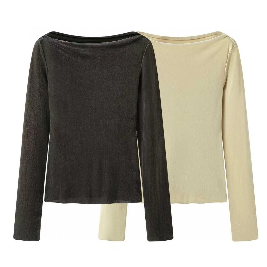 Women's T-shirt, same style as those in shopping malls, 2026 autumn new arrivals, off-the-shoulder flocked long-sleeved T-shirt, women's base layer.