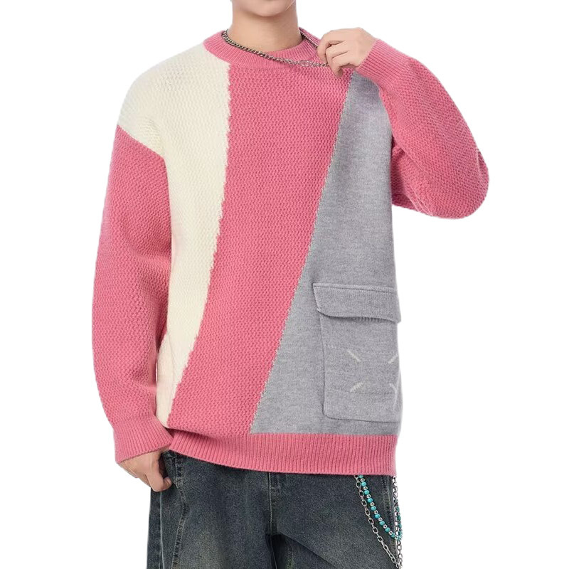 Explosiones transfronterizas de tamaño europeo tamaño grande color contrastante junta camiseta de punto suéter hombre cuello redondo alta fábrica de camiseta de otoño y invierno al por mayor