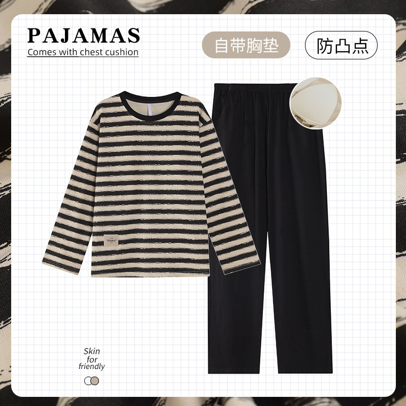 [Processing and Customization] Pajamas for Women Spring & Fall Pure Cotton Long-Sleeved Round Neck Pullover Stripesd New Outer Wear Home Wear Set