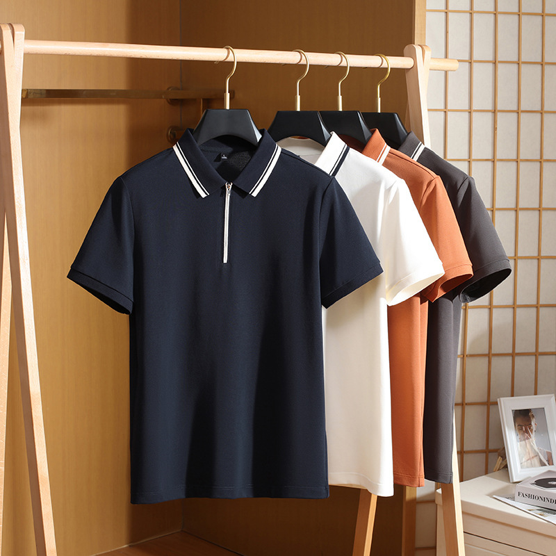 Cross-border short-sleeved polo shirt men's lapel solid color blue zipper casual summer new T-shirt men's foreign trade Cross-border short-sleeved polo shirt men's lapel solid color blue zipper casual summer new T-shirt men's foreign trade