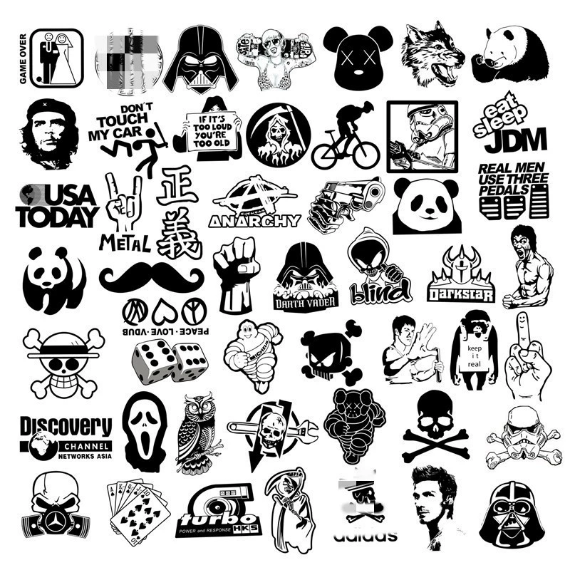 Sticker Set, PVC Printed, Assorted Graffiti Designs, Black & White, 50–100 pcs