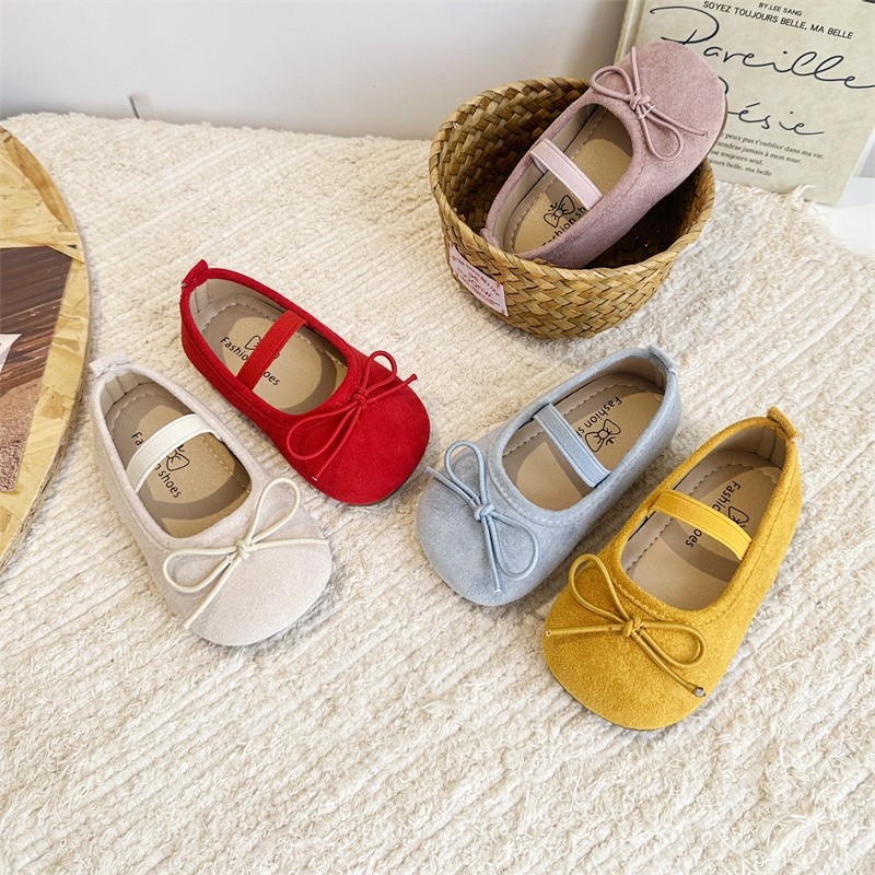 Girls' Flat Velvet Shoes 2025 New Ballet Style Elastic One-Line Shallow Mouth Sweet Bow Princess Shoes