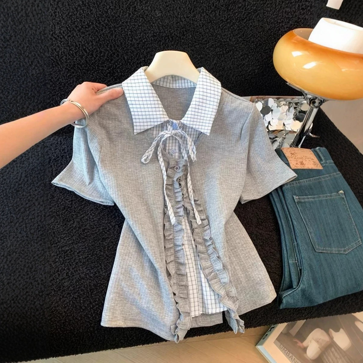 Fake Two-Piece Tie-Dye Plaid Lapel Short-Sleeve Shirt for Women, Summer New Design, Niche Style, Slimming Top, Trendy