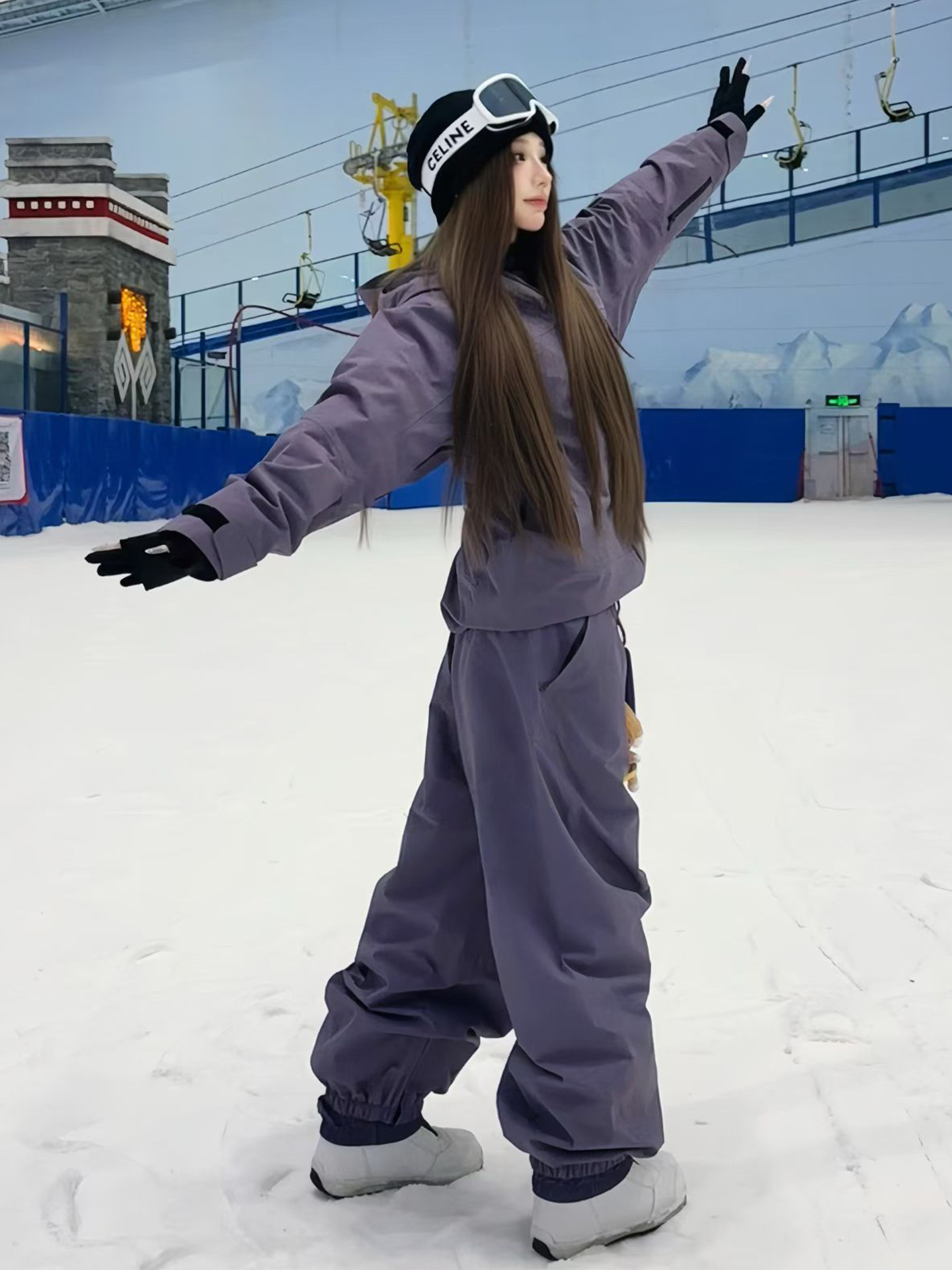 Trajes de esquí de estilo púrpura de estilo fresco, trajes de esquí para hombres y mujeres, pantalones de nieve a prueba de viento y agua profesionales de dos piezas.