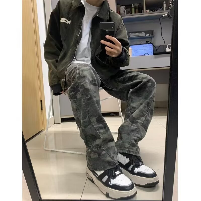 Vaqueros de camuflaje de marca de moda americana para hombres y mujeres, monos rectos de primavera y otoño, pantalones casuales anchos