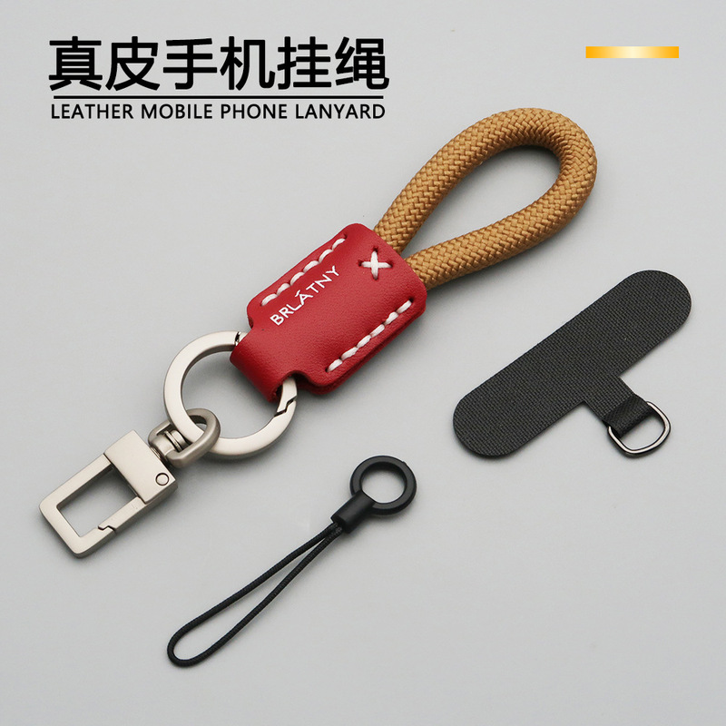 Hand-Woven Cowhide Lanyard Keychain Original Design Anti-Lost Mobile Phone Lanyard Car Key Pendant Custom Logo