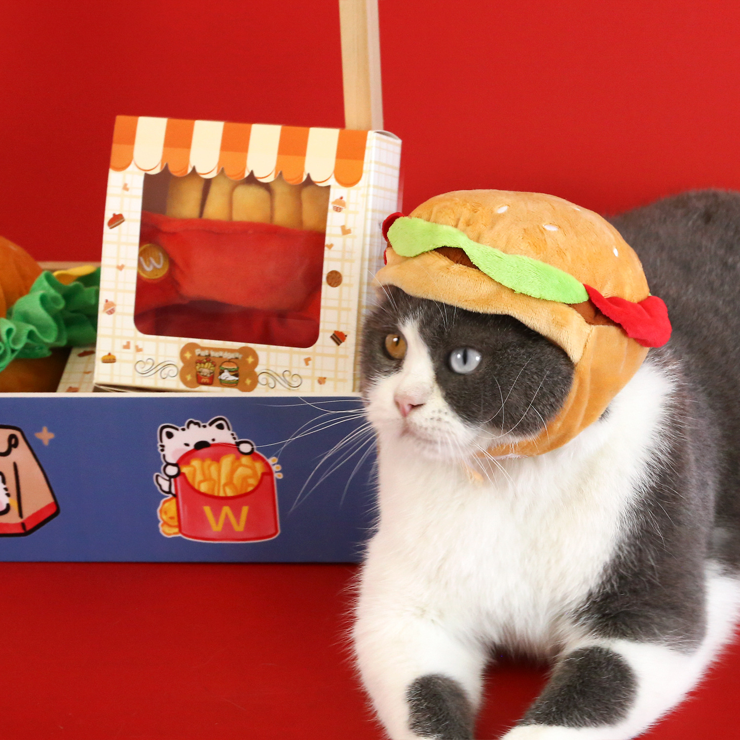 Big redondo mascotas hamburguesas patatas fritas dibujos animados bonitos sombreros gatos Teddy Bear fotografía toque de cabeza cálido toque de cabeza